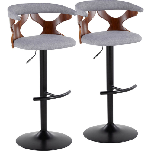 Gardenia Adjustable Swivel Bar Stool in Black Metal, Walnut Wood & Light Grey Fabric (Set of 2)